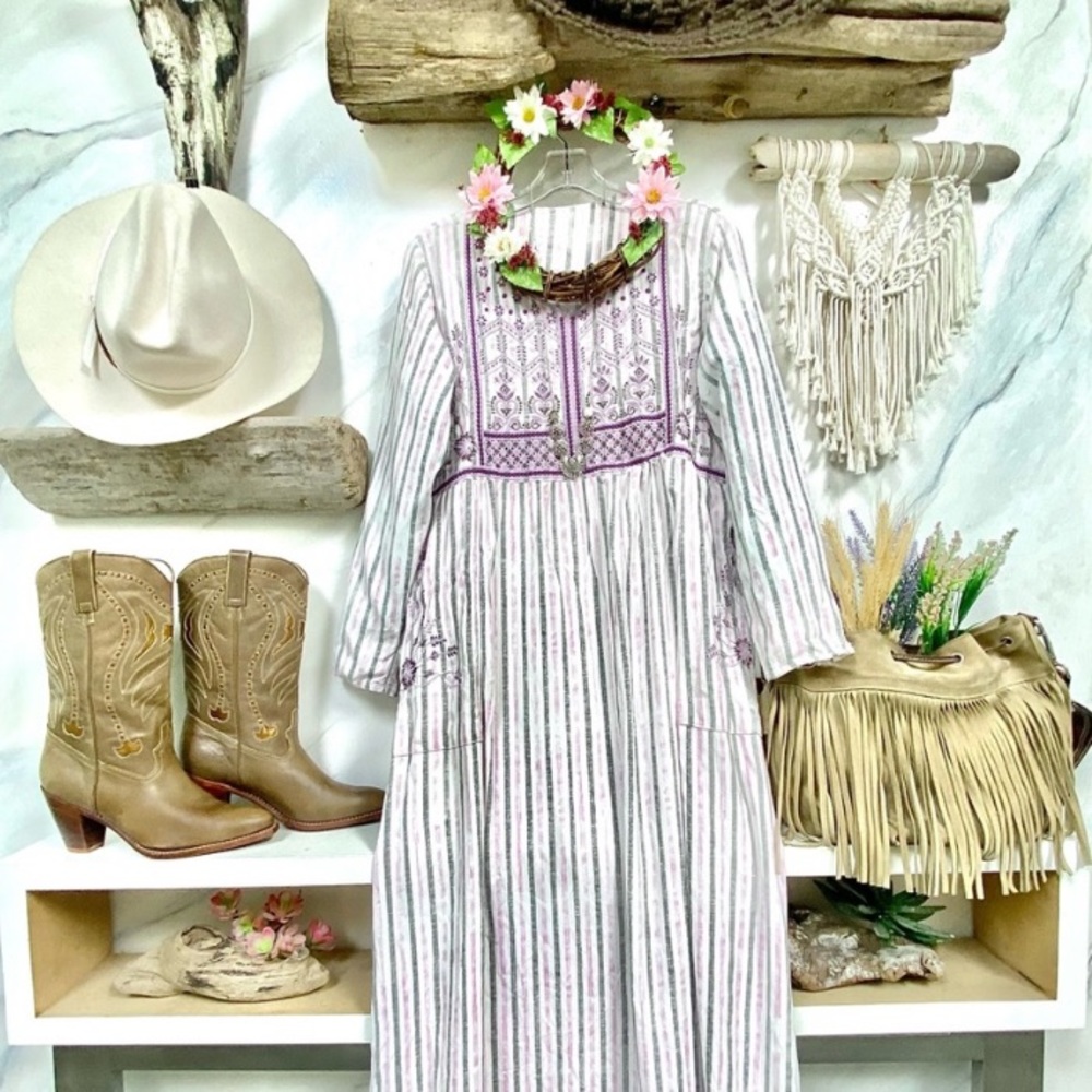 Lavender farm prairie gown/maxi dress w embroidery & pockets w cottage core vibe